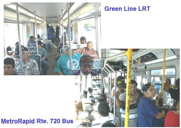 Los Angeles — Rail ridership (upper left) is 84% minority, bus ridership (lower right) is 88% minority.